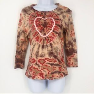 Tryst Medium Peach, Red, & Brown 3/4 Sleeve Stretchy Knit Tie Dye Heart Love Top